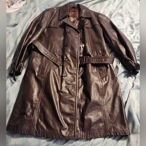 VTG Sears OVERCOAT brown leather BELTED sherlock Men's Size 44 Trenchcoat Jacket